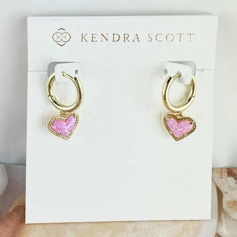 Kendra Scott Ari Heart Bubblegum Pink Opal Huggie gold earrings - Picture 2 of 4